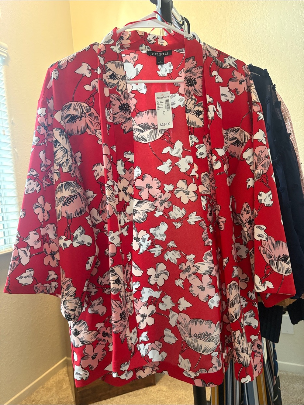 dressbarn Red Floral Open Front Kimono